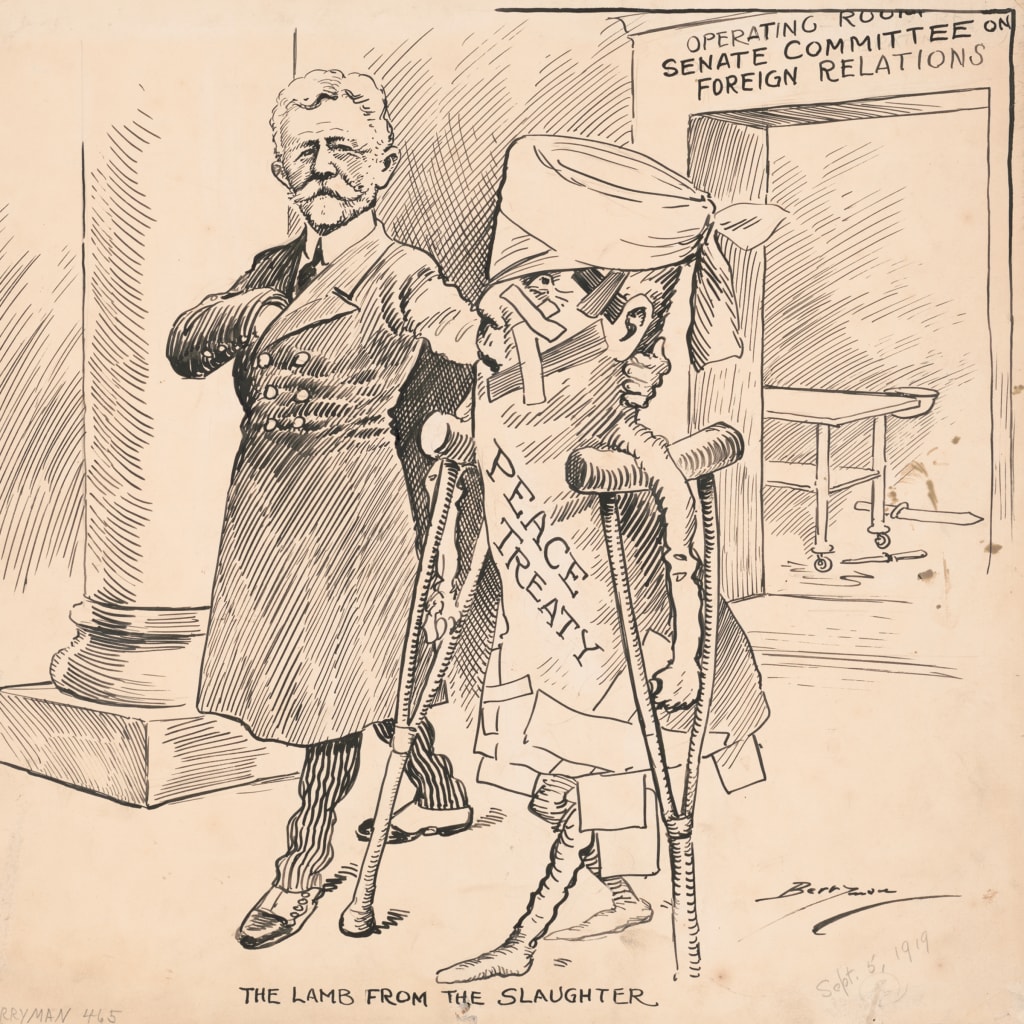 A cartoon shows Henry Cabot Lodge, chairman of the Senate Foreign Relations Committee, escorting a battered figure on crutches (drawn as a rolled up scroll and labeled "Peace Treaty") out of a room labeled "Operating Room, Senate Committee on Foreign Relations". The background is a darkened and blurred version of the original image created to fill the image's vertical crop.