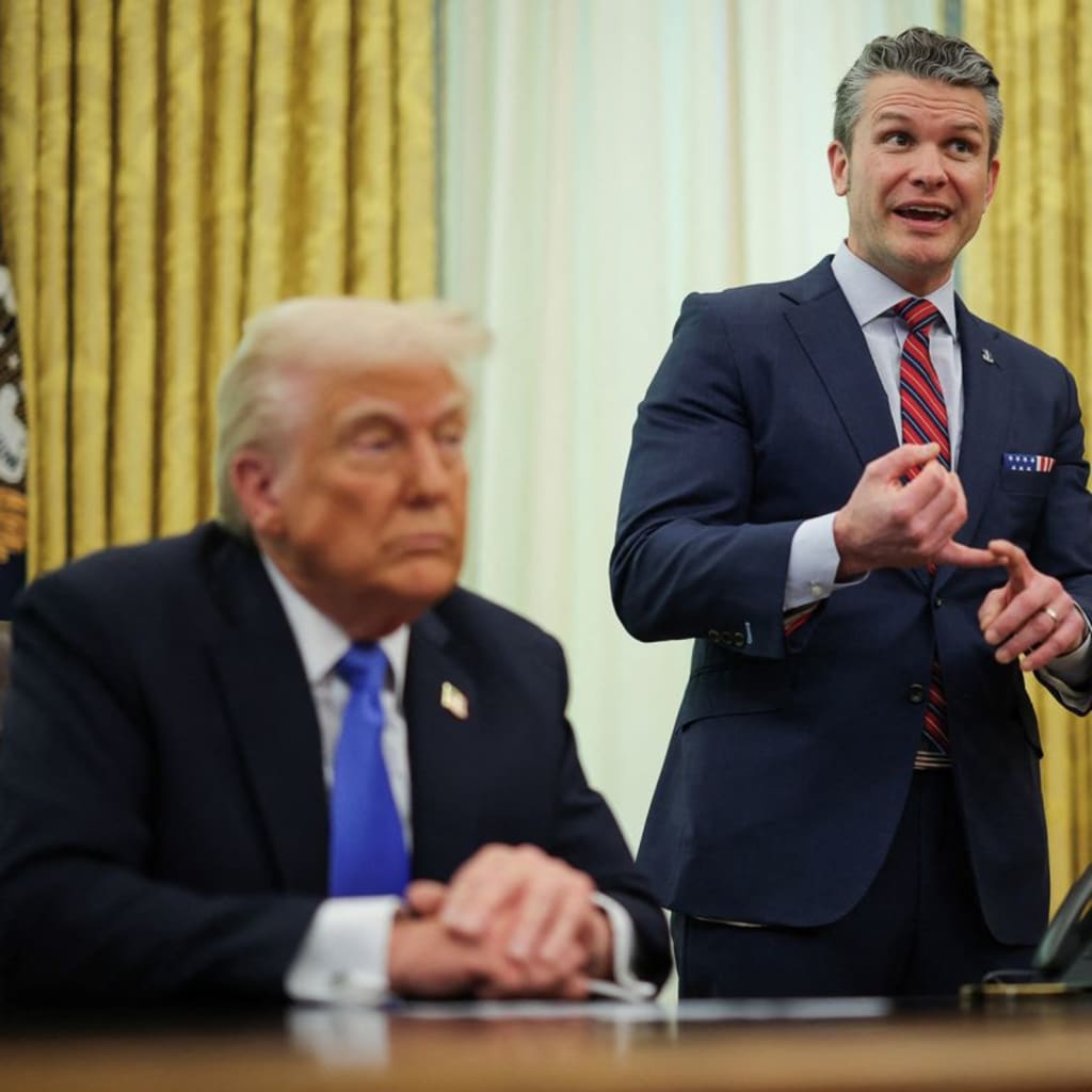 <p>Defense Secretary Pete Hegseth speaks next to President Donald Trump in the Oval Office at the White House in Washington, DC, on Friday, March 21.</p>
