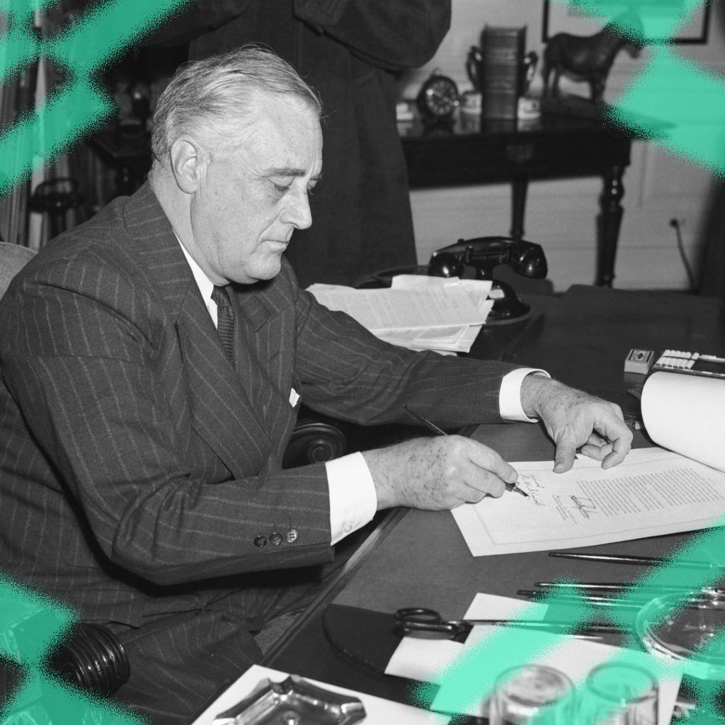 President Franklin D. Roosevelt signing the Lend Lease Bill at the White House in Washington, D.C. on March 11, 1941.