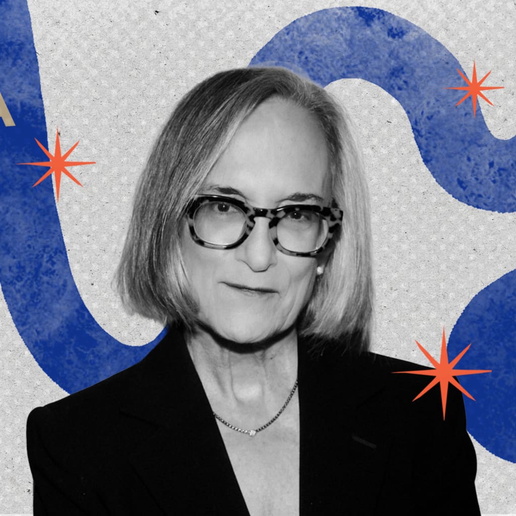 Carla Anne Robbins in black and white over a blue graphic design background