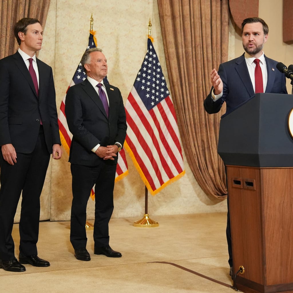 <p>Jared Kushner and Steve Witkoff, Special Envoy for Peace Missions, watch as Vice President JD Vance briefs the press after meeting with representatives from Pakistan and Iran, April 12, 2026.</p>
