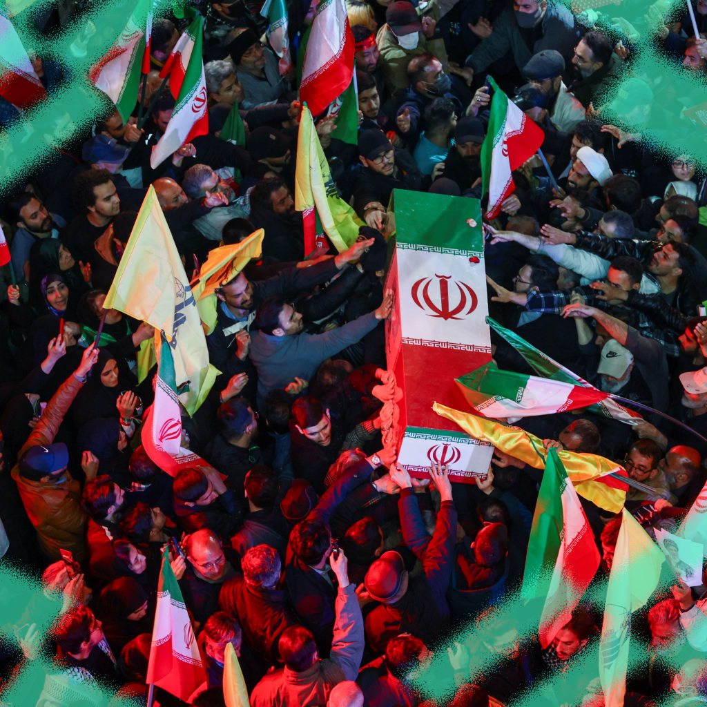 People attend a funeral ceremony for the Head of Iran's Revolutionary Guards' intelligence organisation, who was killed in strikes according to Iranian and Israeli statements, in Tehran, Iran on April 8, 2026.
