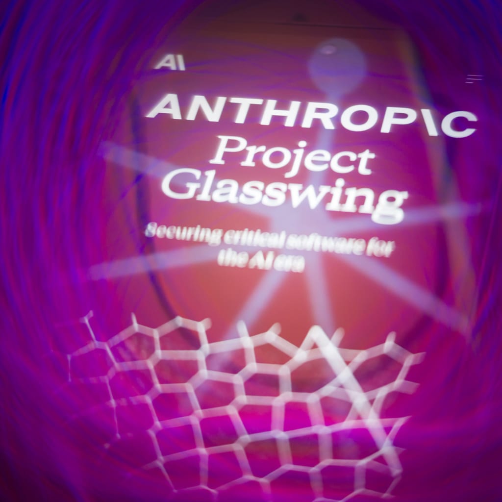 Anthropic's Project Glasswing website is displayed on a smartphone screen with purple graphics.