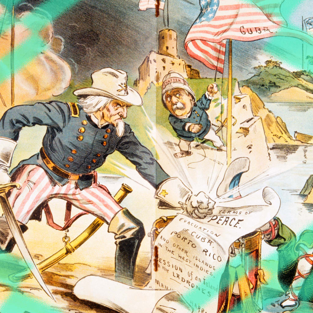 An angry Uncle Sam demands terms of peace in a Spanish-American War political cartoon appearing in Judge magazine, 1898.