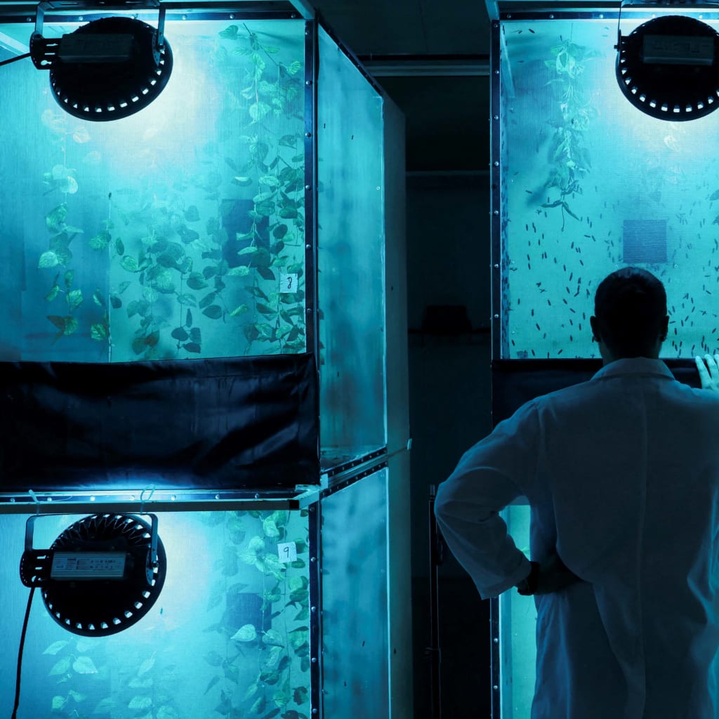 Biologist and co-founder of Circa Biotech, Haythem Riahi, looks at caged black soldier flies, inside his facility, in Al Ain, United Arab Emirates