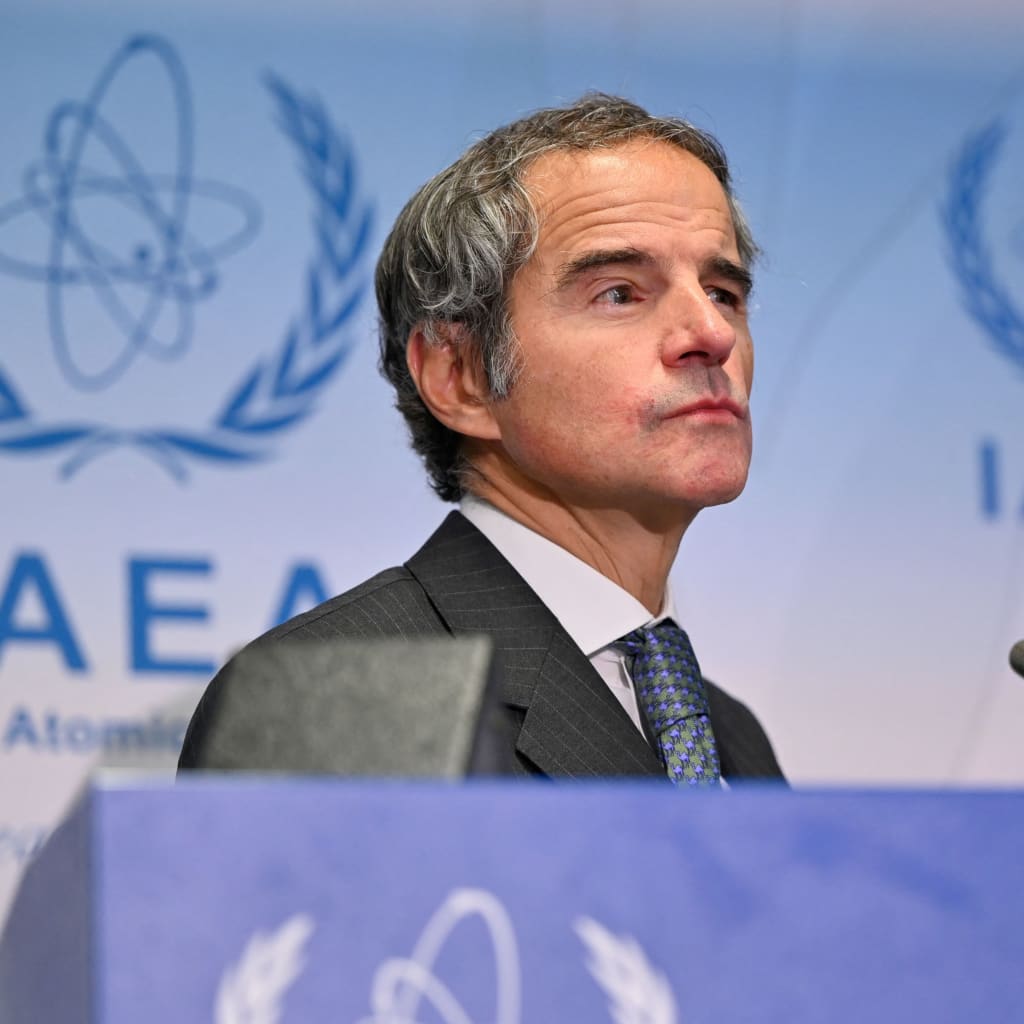 IAEA Director General Rafael Grossi looks on during a press conference on the opening day of his agency's quarterly Board of Governors meeting in Vienna, Austria