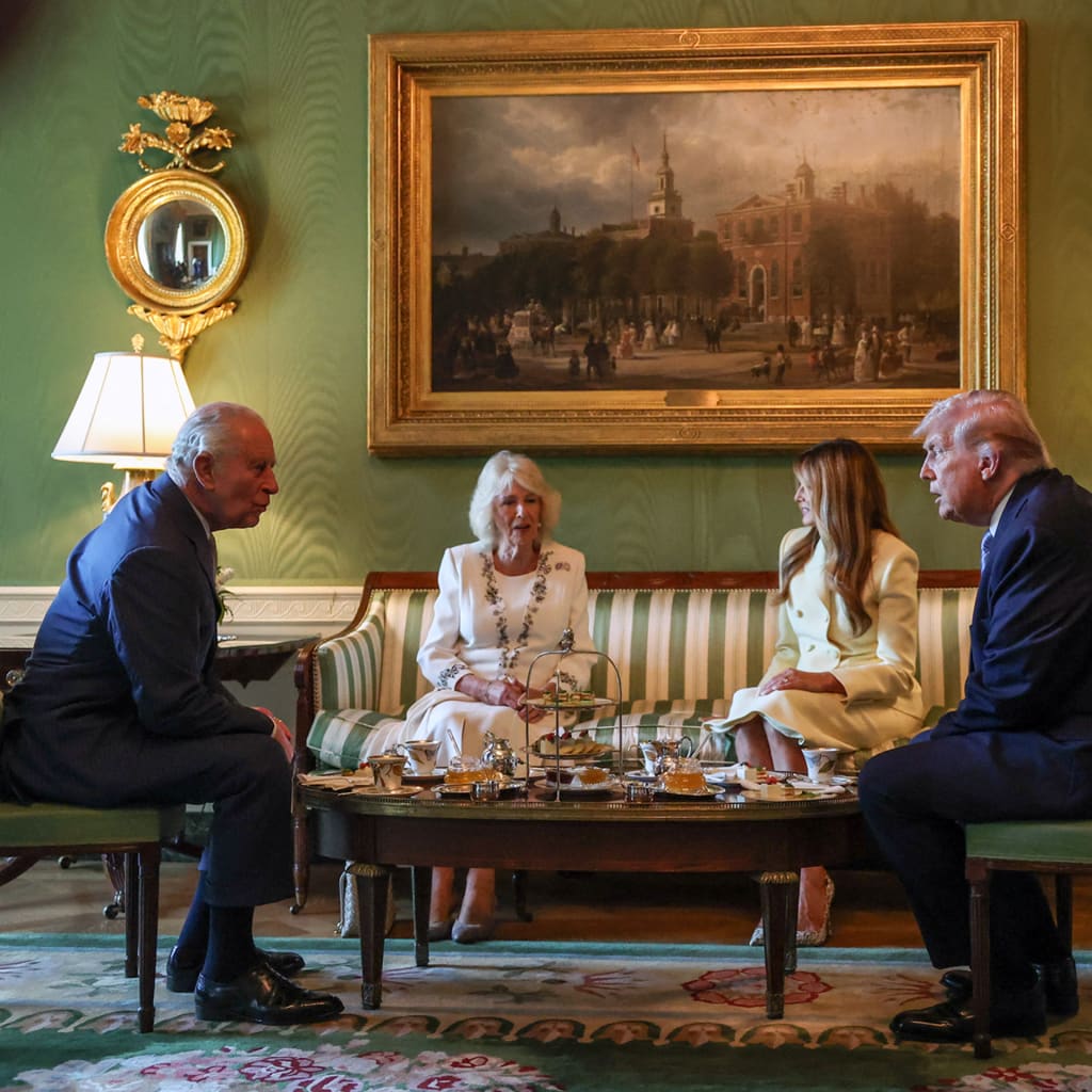 U.S. President Donald Trump and first lady Melania Trump host Britain's King Charles and Queen Camilla for afternoon tea on the South Lawn of the White House in Washington, D.C., U.S., on April 27, 2026.