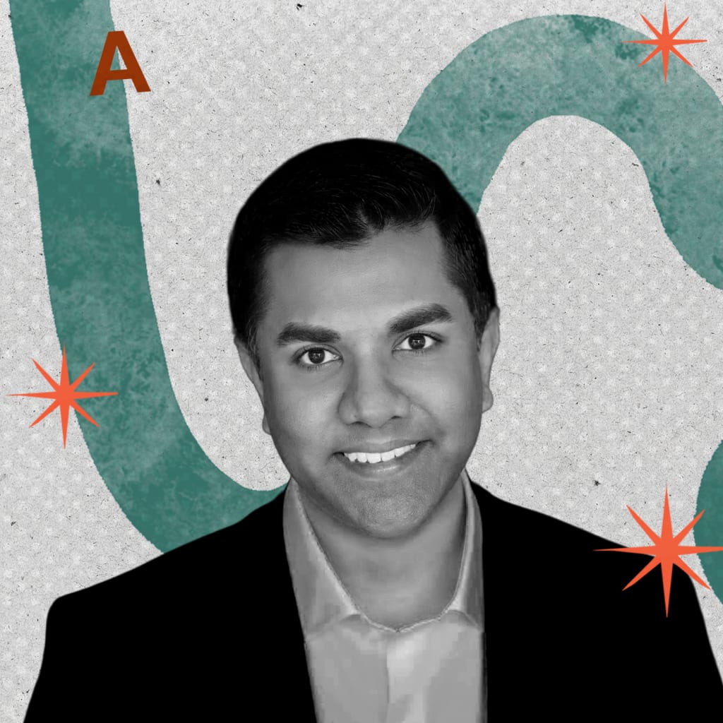 Ravi Agrawal's portrait in black and white is overlaid on top of a teal graphic.