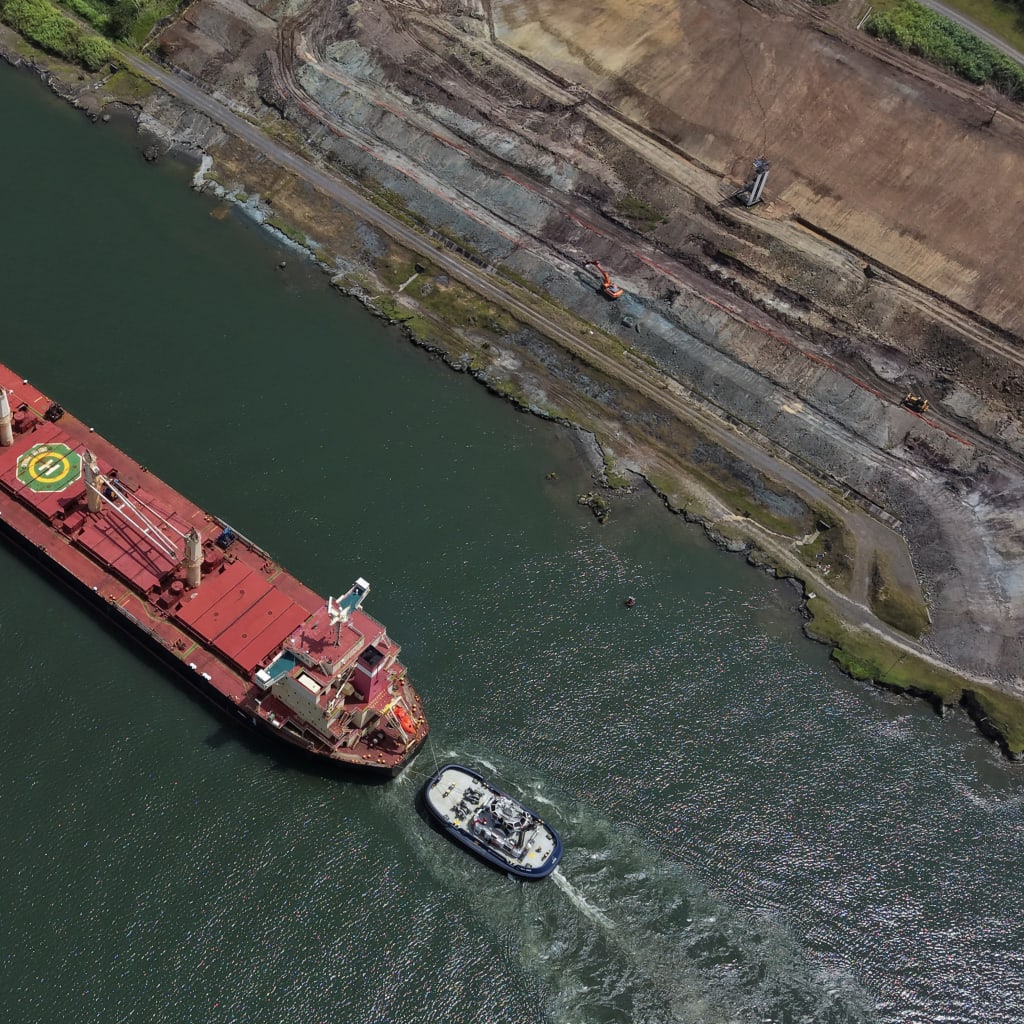 A drone view of the Panamanian‑flagged Crimson Delight vessel sailing through the Panama Canal as the U.S. Federal Maritime Commission (FMC) said on Thursday it is closely monitoring a surge in detentions of Panama‑flagged vessels in China, a development that appears linked to a Panama court ruling against Hong Kong‑based CK Hutchison, in Gamboa, Panama, March 27, 2026. Enea Lebrun/Reuters.