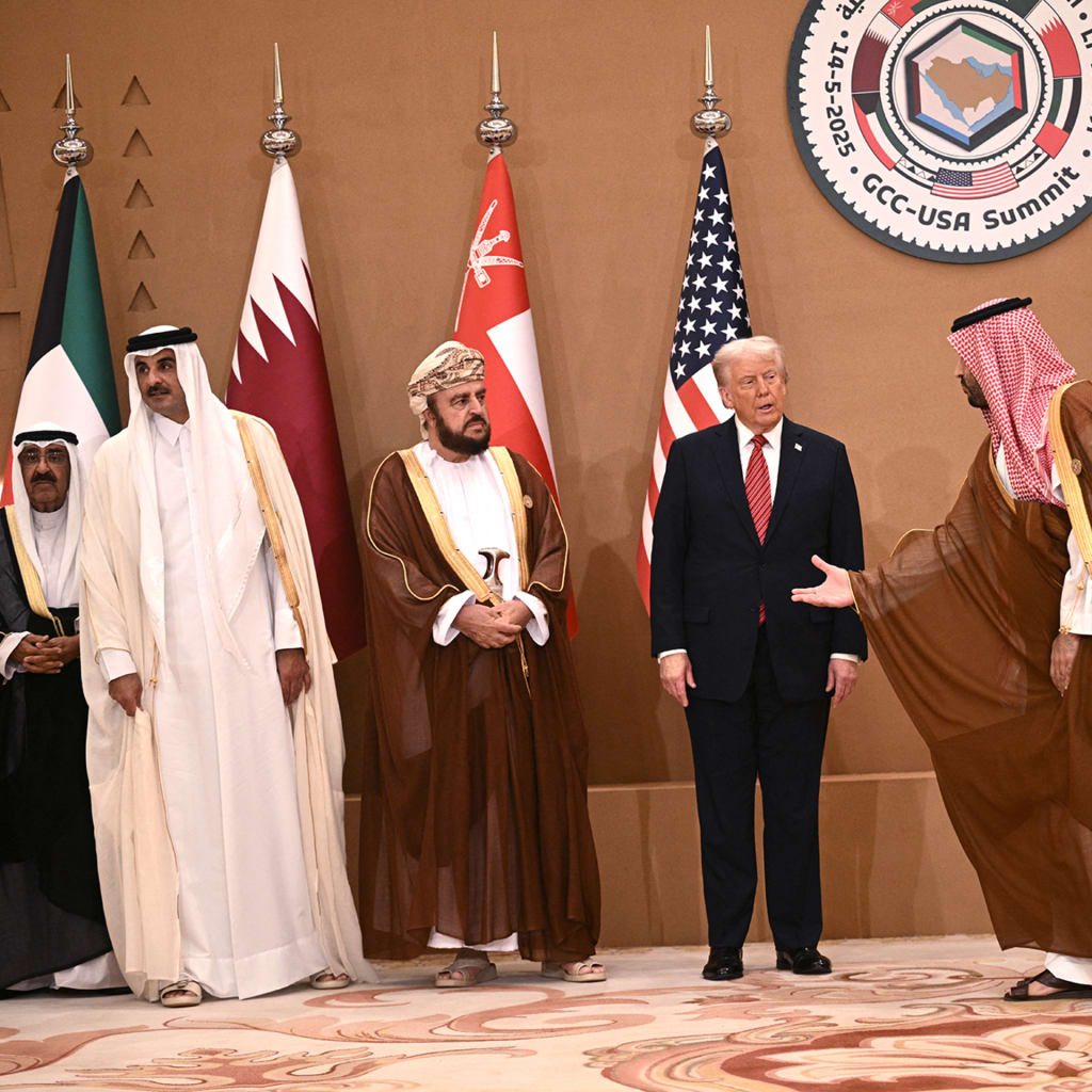 U.S. President Donald Trump poses with Gulf leaders and officials during the Gulf Cooperation Council summit in Riyadh on May 14, 2025.