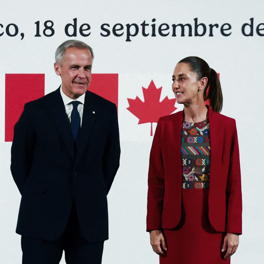 <p>Mexican President Claudia Sheinbaum stands next to Canadian Prime Minister Mark Carney as they hold a press conference at the National Palace, in Mexico City, Mexico, on September 18, 2025. </p>
