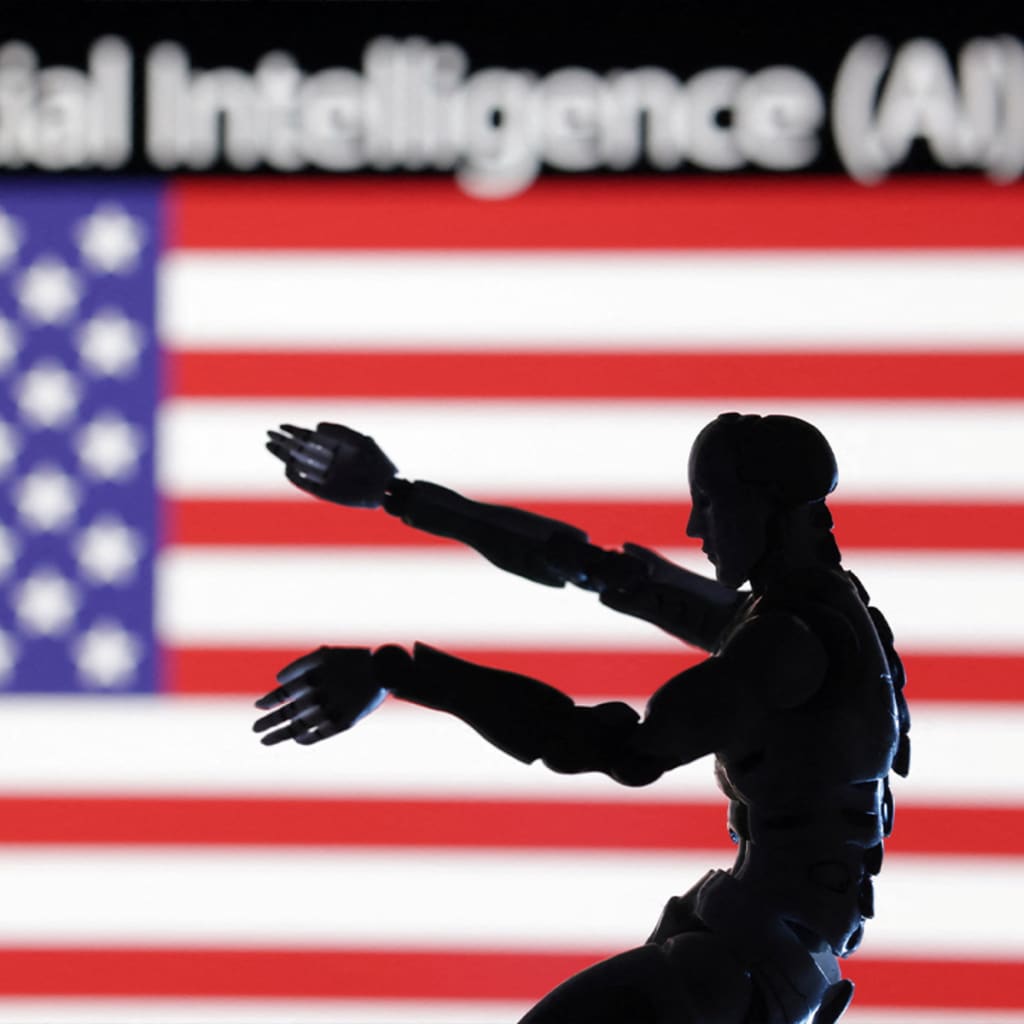 <p>An illustration showing a miniature robot in front of the U.S. flag.</p>
