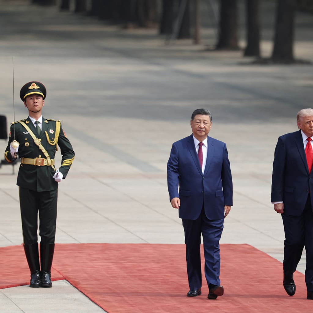 <p>Chinese President Xi Jinping and U.S. President Donald Trump during a welcome ceremony at the Great Hall of the People in Beijing, China, May 14, 2026. </p>
