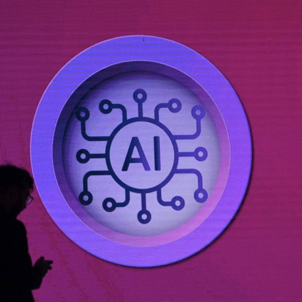 Signage of artificial intelligence is seen during the World Audio Visual Entertainment Summit in Mumbai, India, on May 2, 2025.