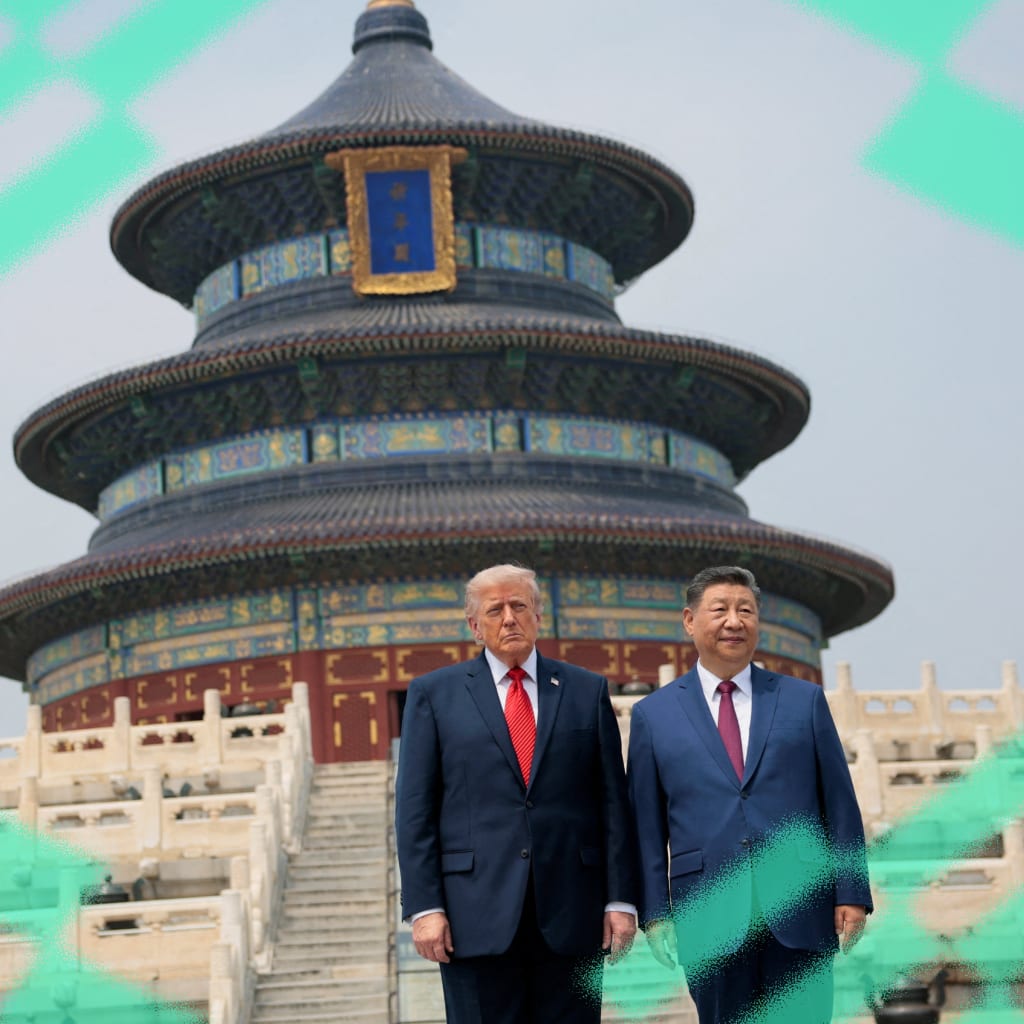 U.S. President Donald Trump and Chinese President Xi Jinping stand together as they tour the Temple of Heaven in Beijing, China on May 14, 2026.