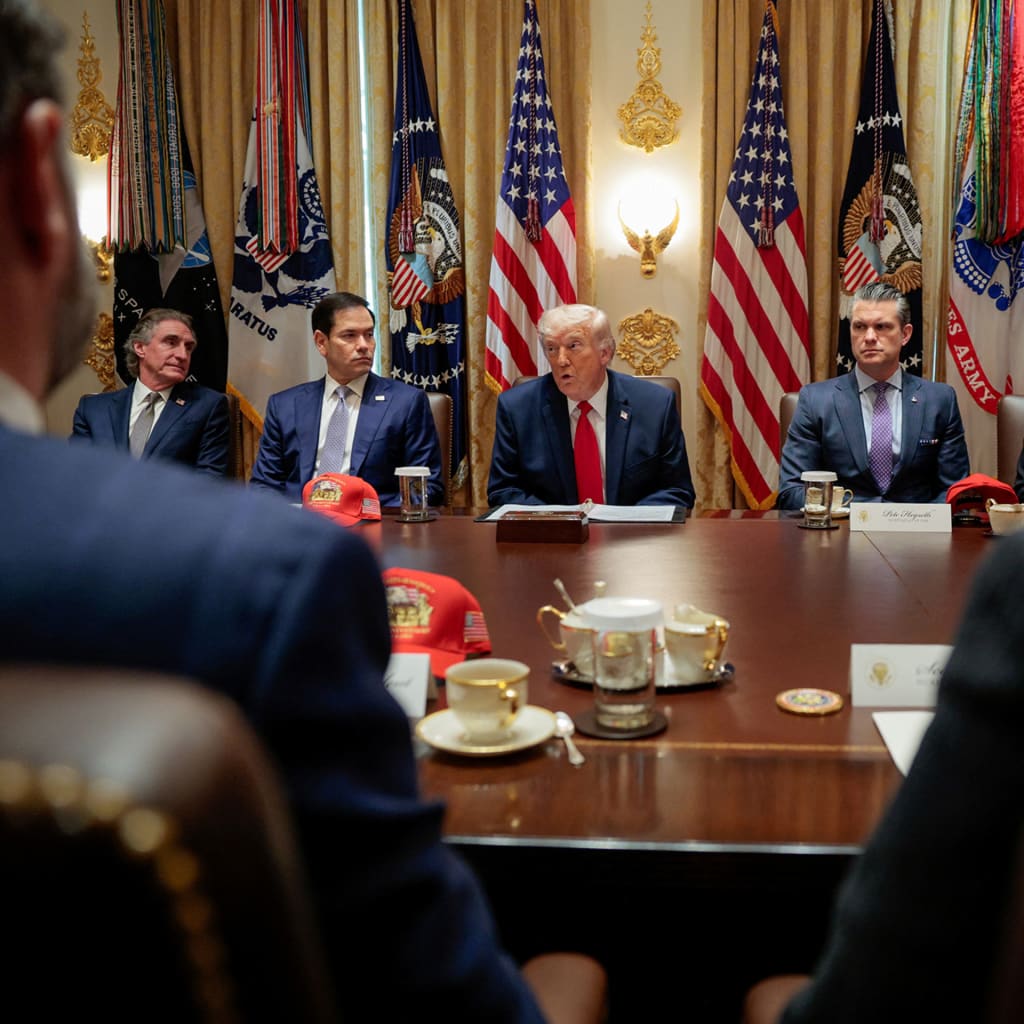 <p>U.S. Interior Secretary Doug Burgum, Secretary of State Marco Rubio, U.S. President Donald Trump, Defense Secretary Pete Hegseth and Commerce Secretary Howard Lutnick attend a cabinet meeting in the Cabinet Room at the White House, in Washington, D.C., U.S., on May 27, 2026.</p>
