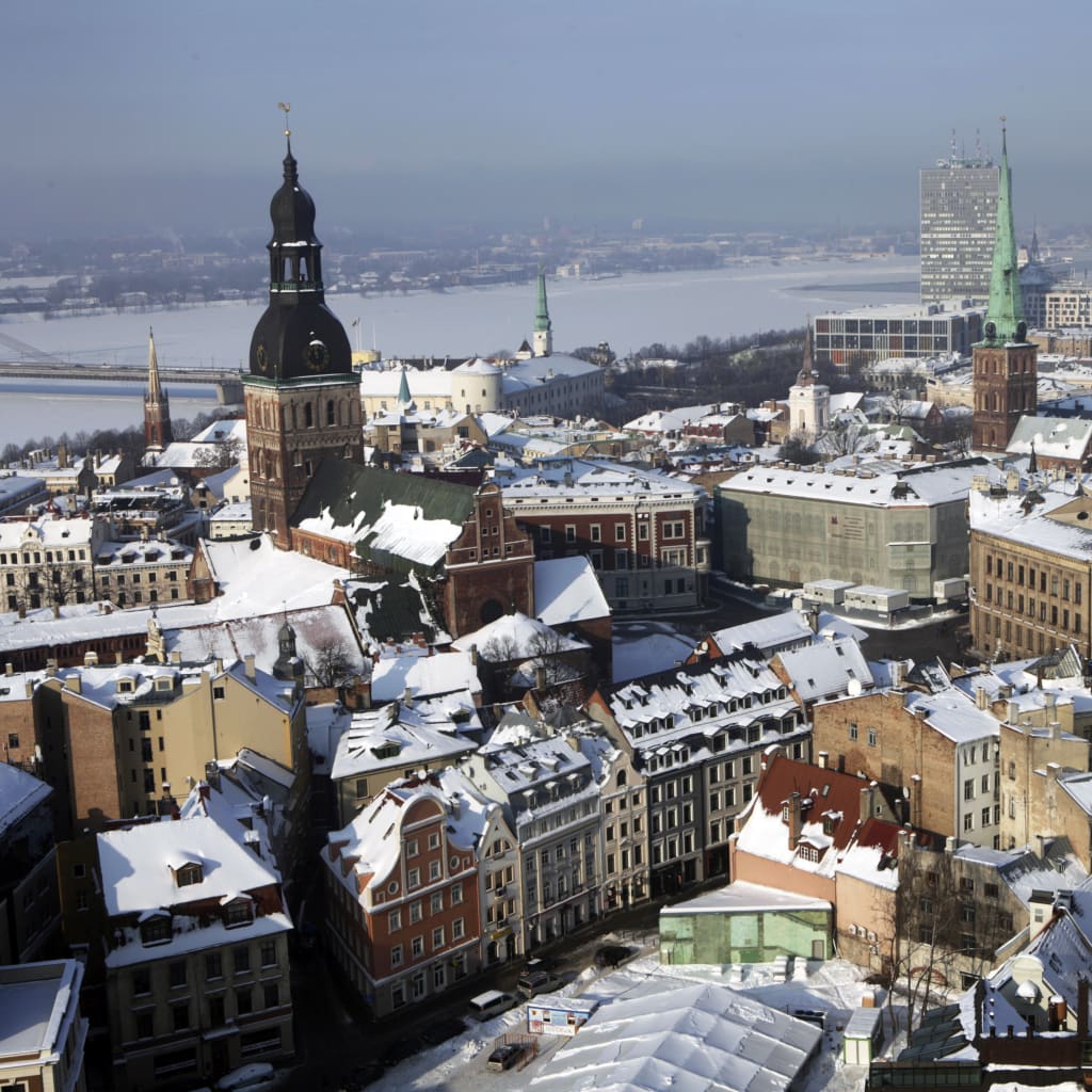 An aerial view of Riga, Latvia in the snow.