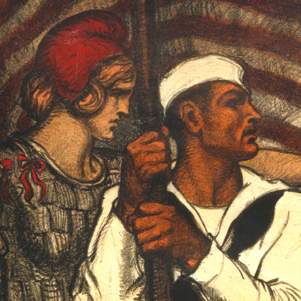A color poster showing a sailor being sent to battle by a symbolic female figure with a sword, possibly Liberty.