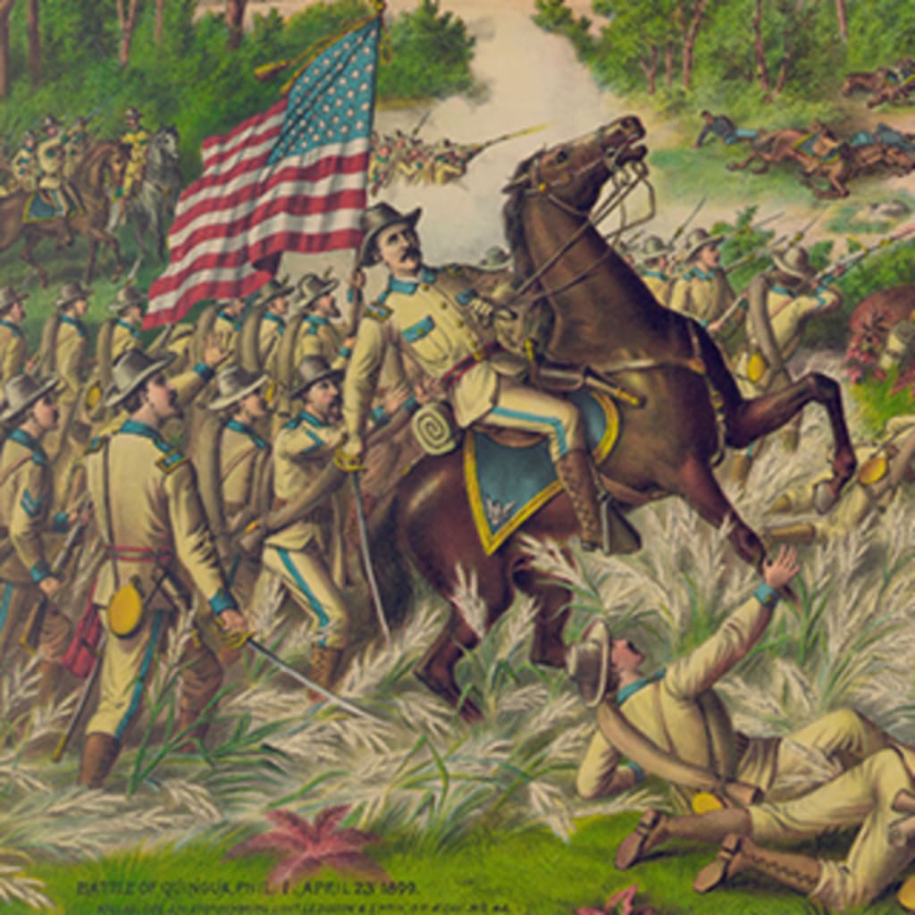 A painting from the Battle of Quingua showing a scene with American troops in the foreground advancing on Filipino troops.