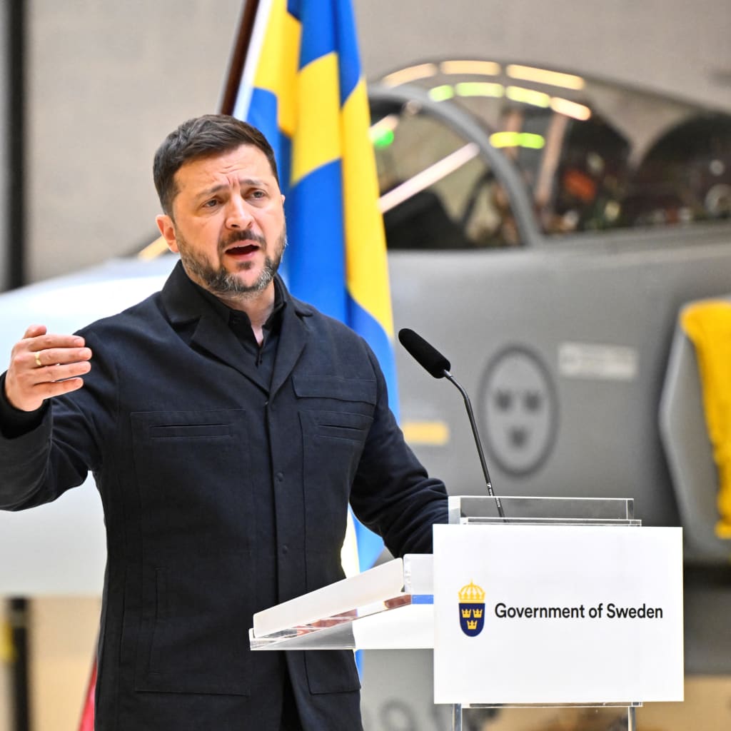 <p>Ukrainian President Volodymyr Zelenskyy speaks during a joint press conference with Swedish Prime Minister Ulf Kristersson in Uppsala, Sweden, May 28, 2026. </p>
