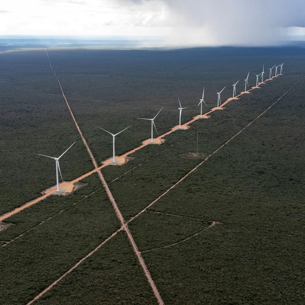 <p>An aerial view shows the Canudos Wind Energy Complex in Canudos, Bahia state, Brazil, on May 5, 2023.</p>