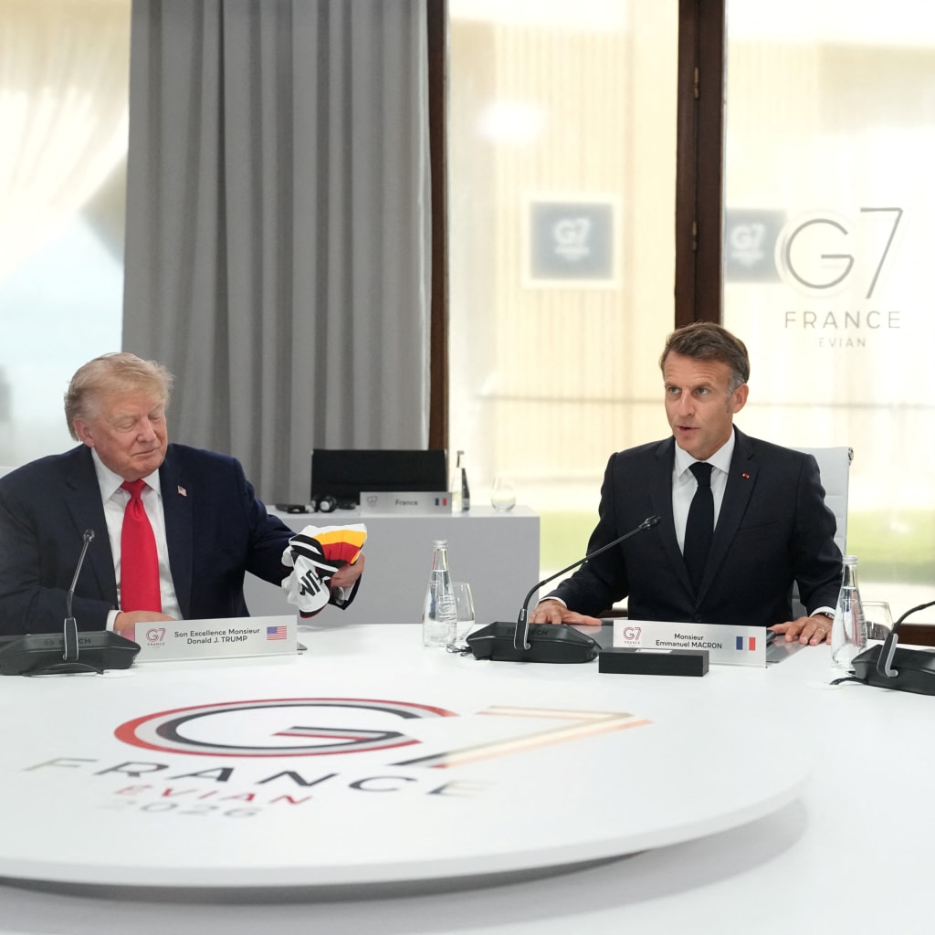 .S. President Donald Trump, French President Emmanuel Macron and Ukrainian President Volodymyr Zelenskiy during a working session at the G7 summit in Evian-les-Bains, France, on June 16, 2026.