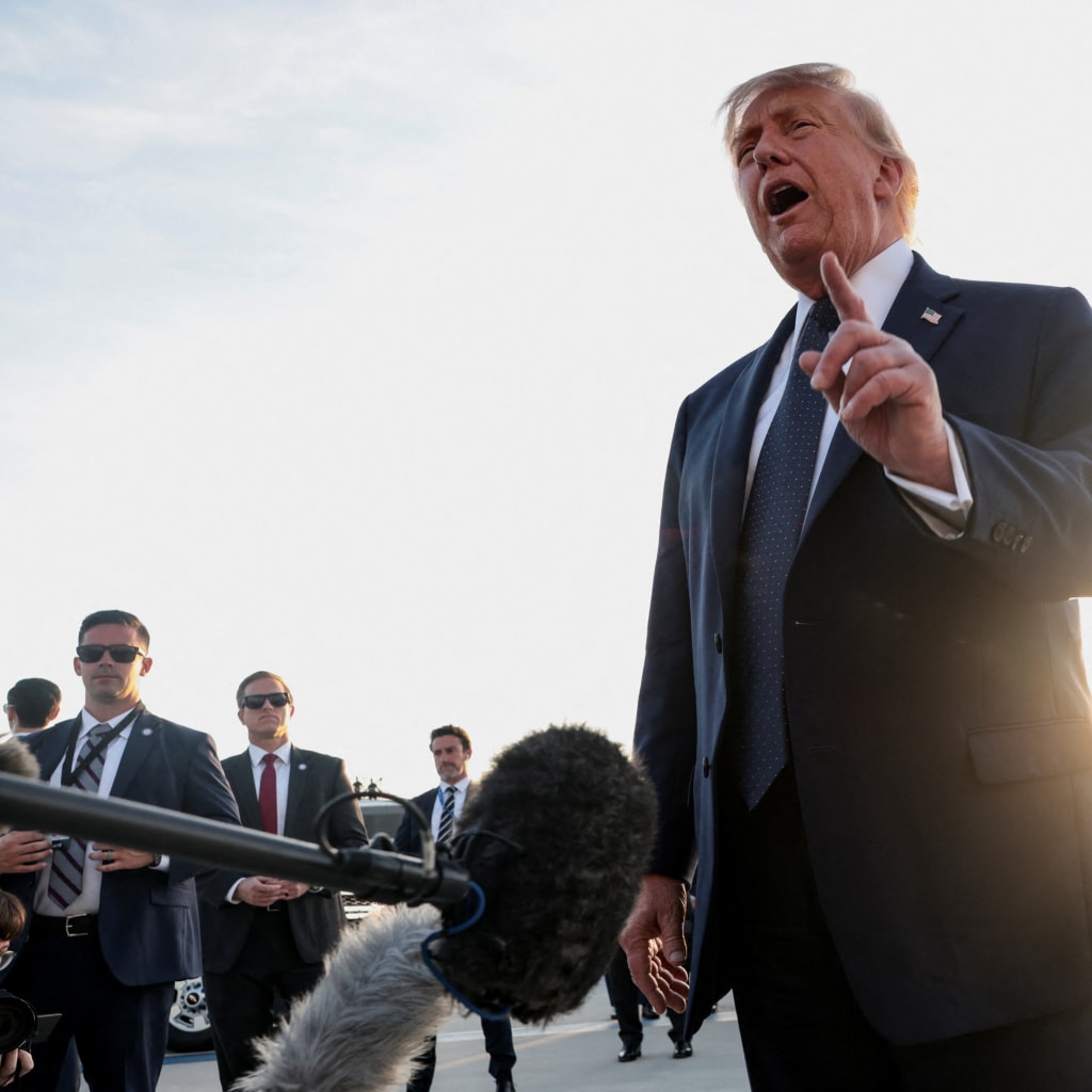U.S. President Donald Trump speaks to the media upon arrival at Paris Orly airport, following the G7 Summit, in Orly, France, on June 17, 2026.