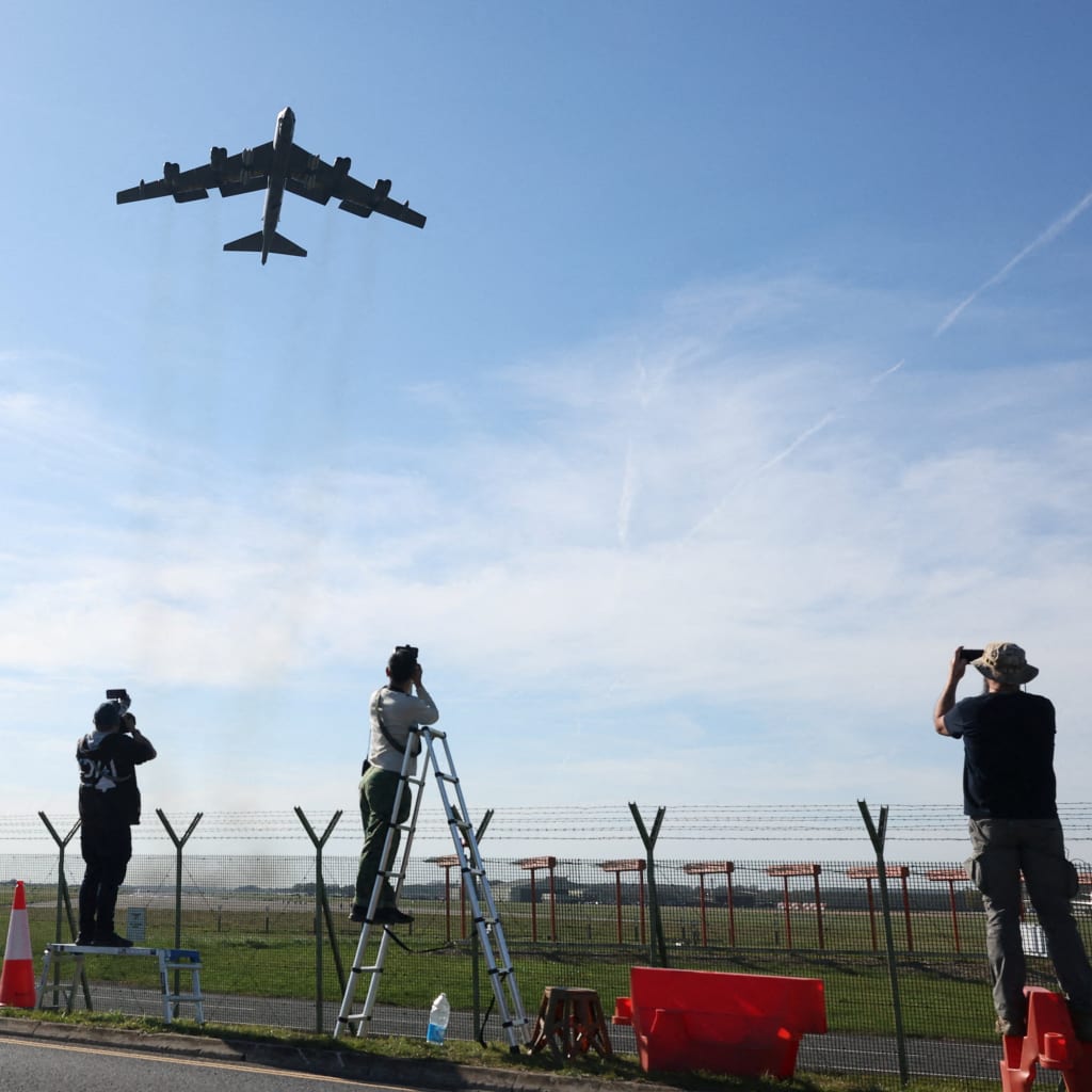 <p>A United States Air Force (USAF) B-52 Stratofortress bomber, which is loaded with munitions, departs from RAF Fairford airbase, amid the U.S.–Israeli conflict with Iran, in Fairford, Gloucestershire, Britain, April 7, 2026.</p>
