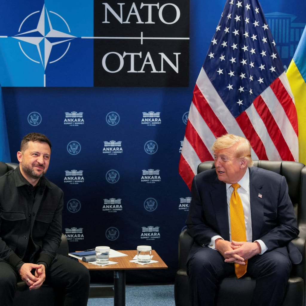 <p>U.S. President Donald Trump holds a bilateral meeting with Ukrainian President Volodymyr Zelenskyy alongside the NATO leaders summit in Ankara, Turkey, July 8, 2026. </p>
