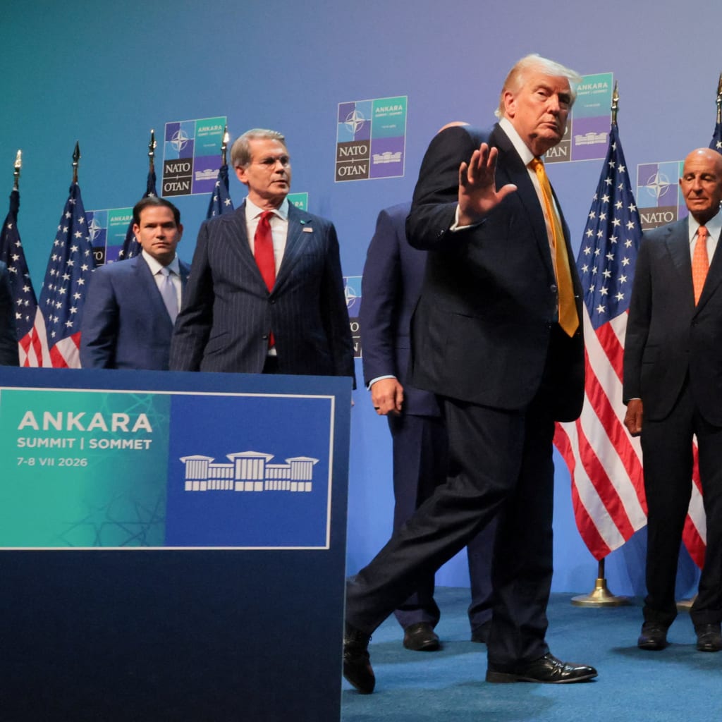 <p>U.S. President Donald Trump leaves after a press conference at the end of his participation in the NATO leaders summit in Ankara, Turkey, July 8, 2026.</p>
