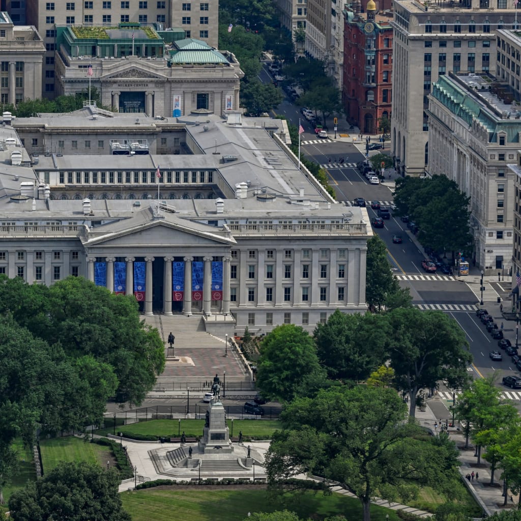 Aerial shot of the US Department of the Treasury Building in Washington, D.C., July 11, 2026.