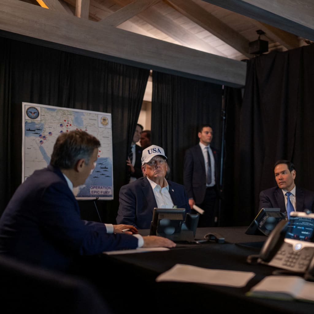 U.S. President Donald Trump speaks with CIA Director John Ratcliffe, White House Chief of Staff Susie Wiles, and Secretary of State Marco Rubio at the Mar-a-Lago resort in Palm Beach, Florida, on February 28, 2026.