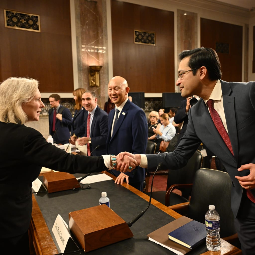 Dr. Doshi and Senator Gillibrand at the Senate Special Committee on Aging hearing titled "Behind the Label: Foreign Ownership and Control in America's Drug Supply Chain."