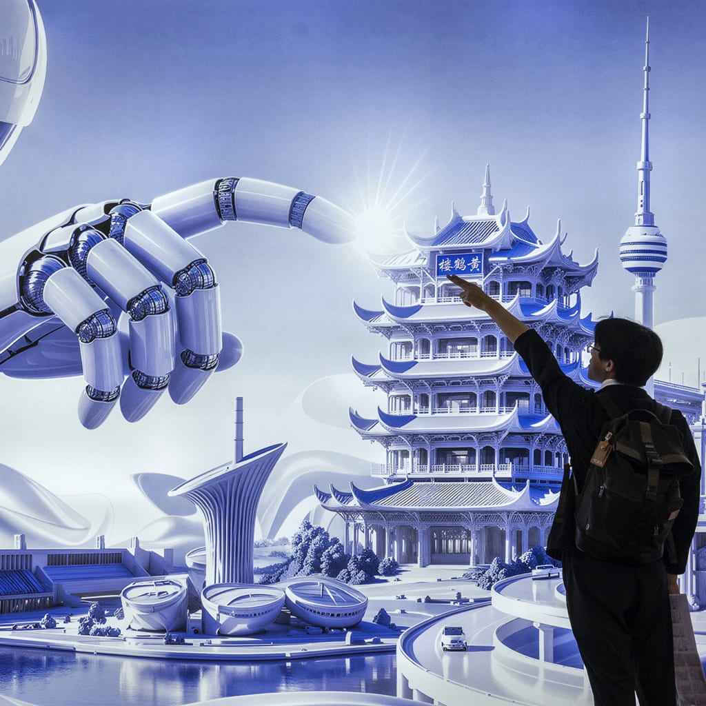 <p>A visitor poses for a friend in front of a billboard showing a humanoid robot in the AI section at the Chinese International Supply Chain Expo on June 26, 2026. in Beijing, China. </p>
