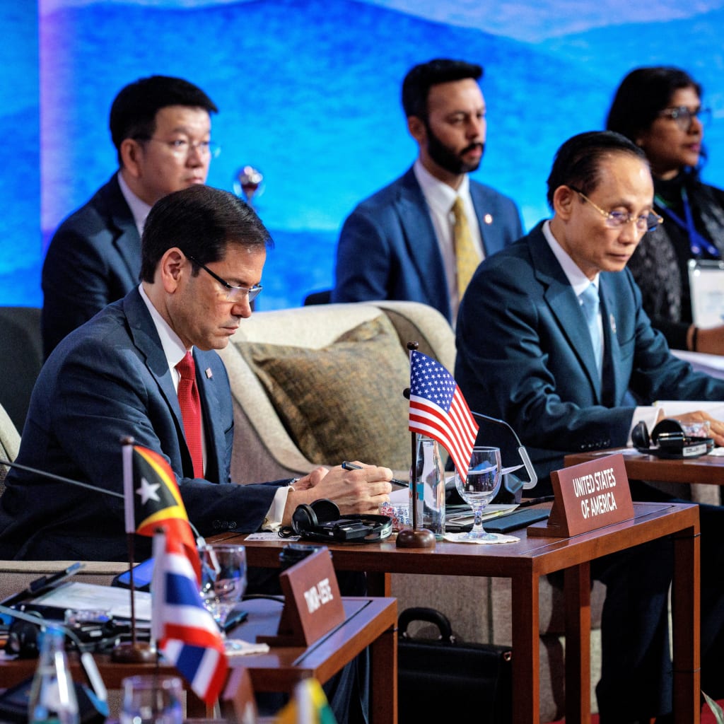 Timor-Leste Foreign Minister Bendito Freitas, US Secretary of State Marco Rubio, and Vietnam Foreign Minister Le Hoai Trung sit in plush chairs at the 33rd ASEAN Regional Forum.