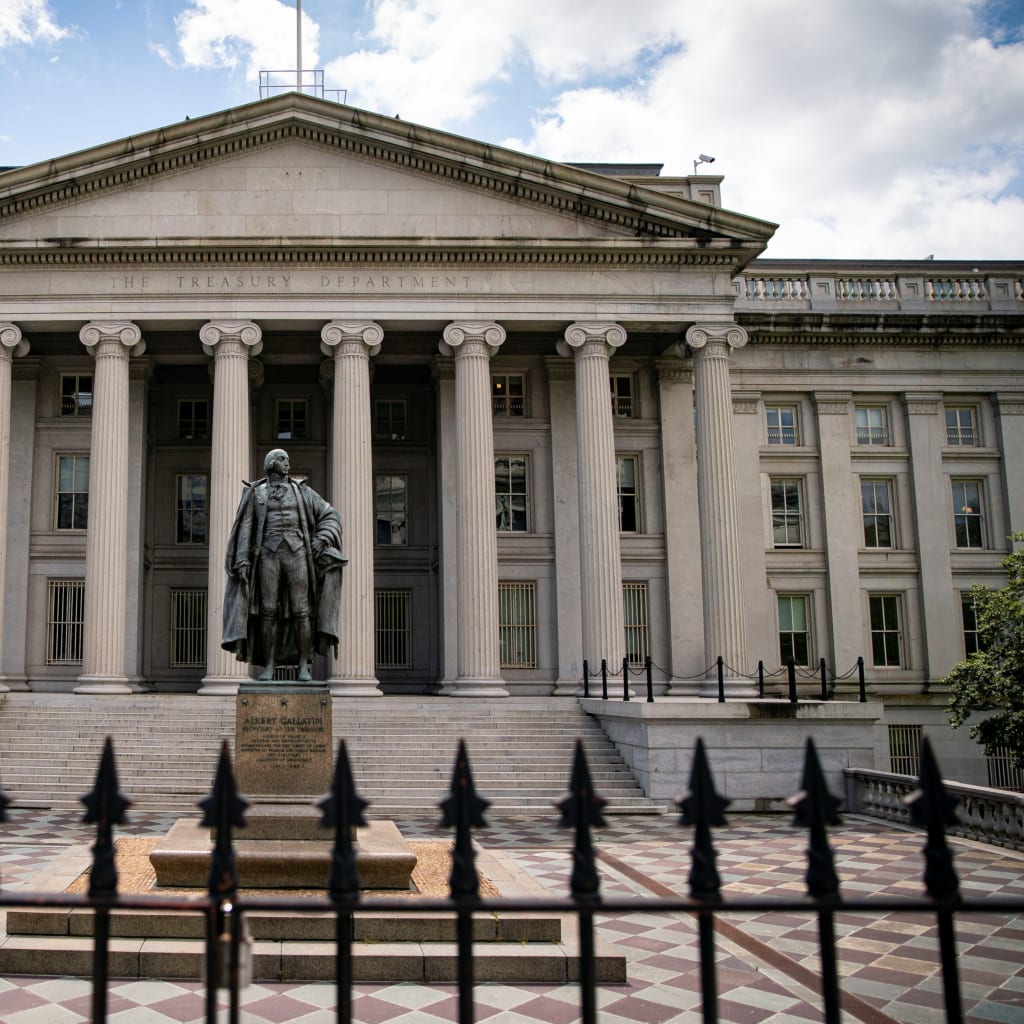 <p>A statue of former Sen. Albert Gallatin stands at the Treasury Department in Washington, U.S., April 25, 2021.</p>