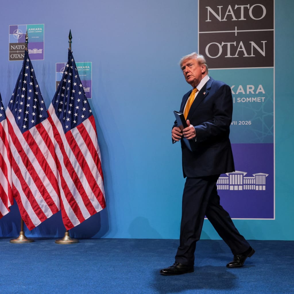 U.S. President Donald Trump arrives to hold a press conference at the end of his participation in the NATO leaders summit at the Bestepe Presidential Compound in Ankara, Turkey, on July 8, 2026.