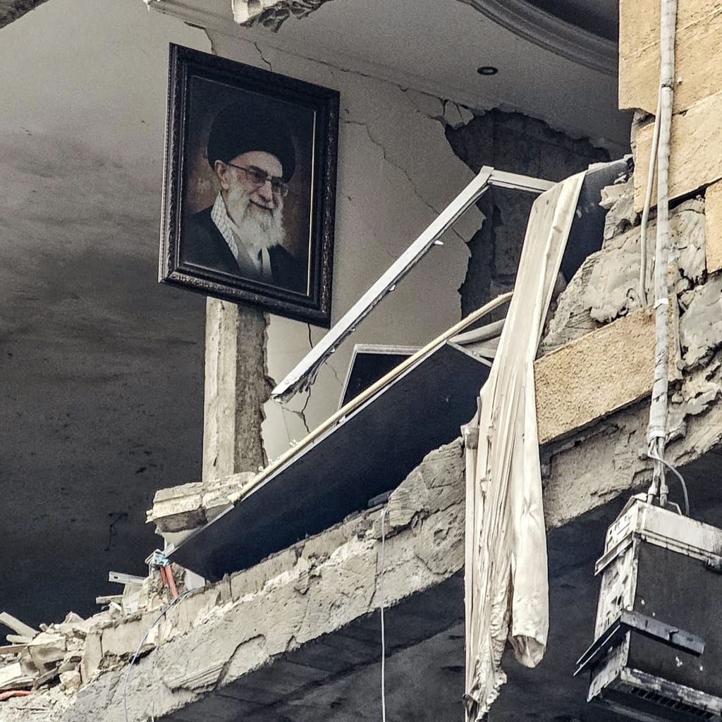 <p>A portrait of Iran’s late Supreme Leader Ayatollah Ali Khamenei, who was killed in the opening salvo of the Iran war on February 28, is seen hanging on the wall of a destroyed building in Haret Hreik, Lebanon, on March 15, 2026.</p>
