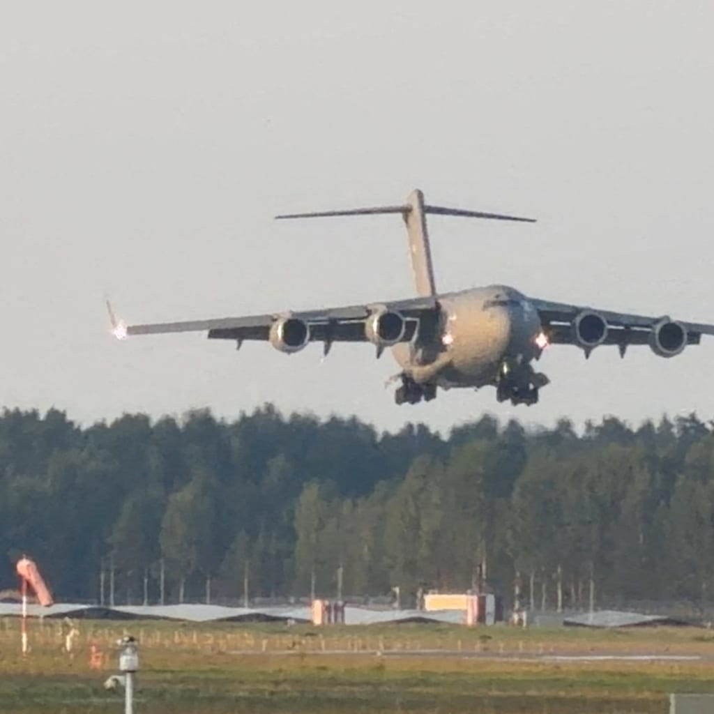 <p>A C-17 Globemaster carrying Central Intelligence Agency Director John Ratcliffe lands near Riga, Latvia, August 25, 2026.</p>
