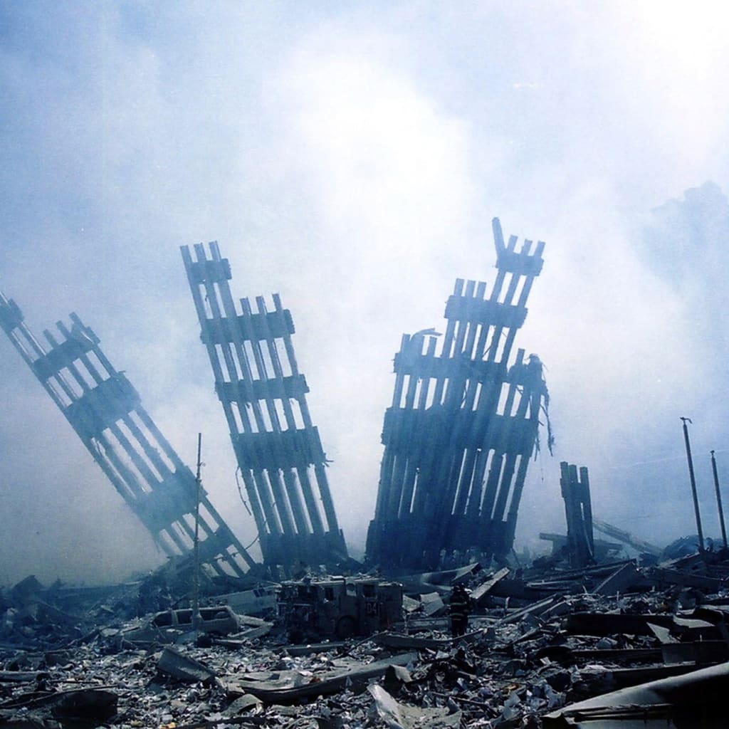 A photo of the rubble of the World Trade Center following the September 11, 2001 terrorist attack in New York