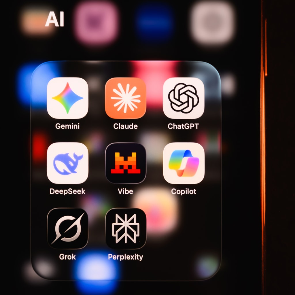 A selection of AI applications, including Gemini, Claude, ChatGPT, DeepSeek, Mistral, Copilot, Grok and Perplexity, appears on a smartphone screen in Creteil, France, on September 11, 2026