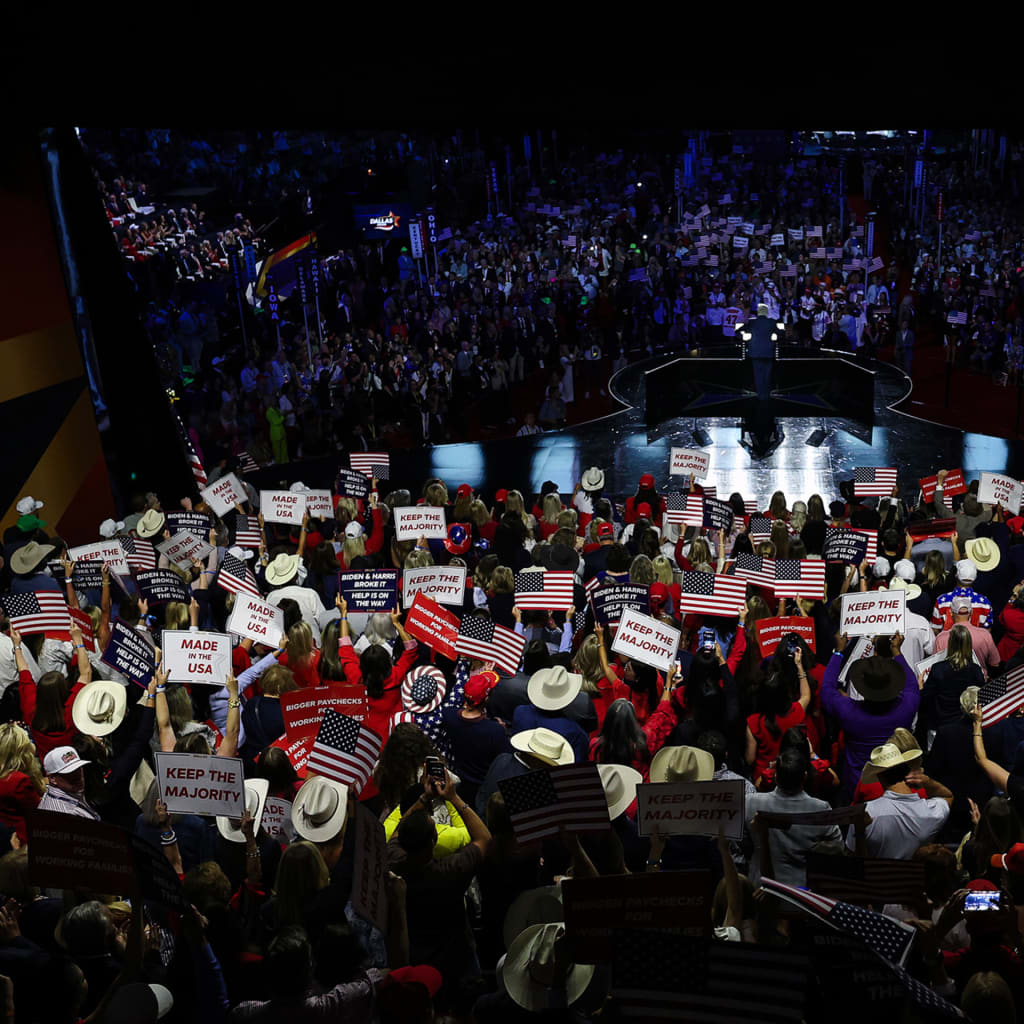 Supporters cheer behind U.S. President Donald Trump as he speaks on the first day of the 2026 Republican National Convention at the American Airlines Center on September 09, 2026 in Dallas, Texas.