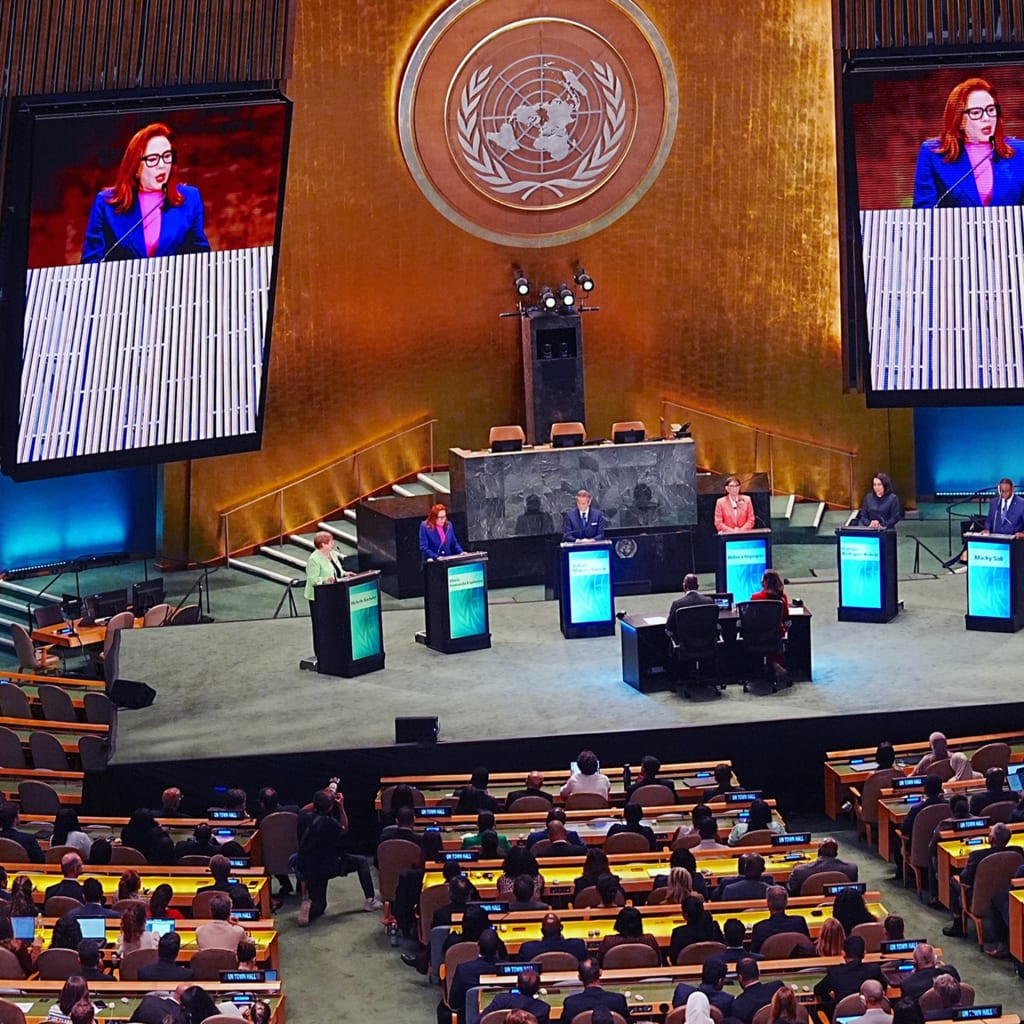 <p>From left to right, Michelle Bachelet, María Fernanda Espinosa, Rafael Grossi, Rebeca Grynspan, Carolyn Rodrigues Birkett, and Macky Sall take part in a UN town hall at the UN Headquarters in New York City, on July 23, 2026.</p>