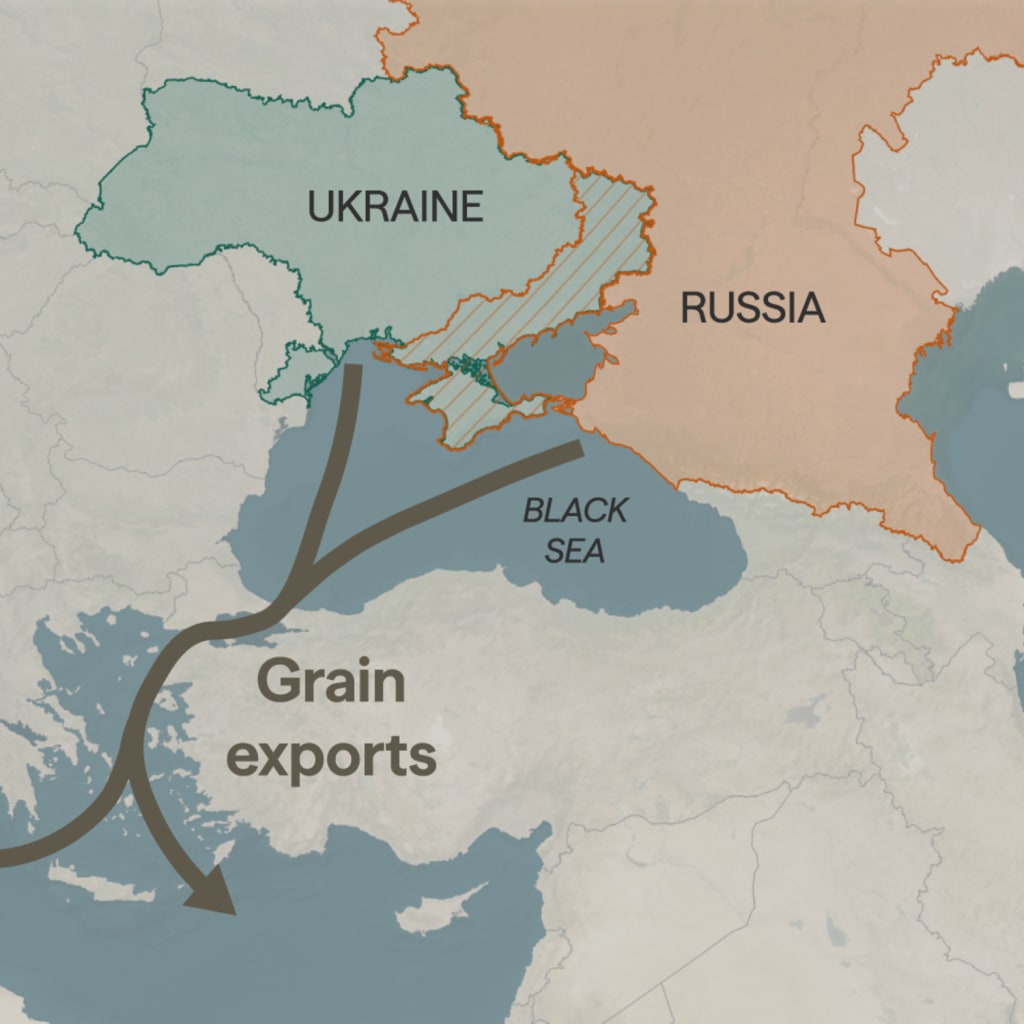 A map showing grain exports from Ukraine and Russia going through the Black Sea