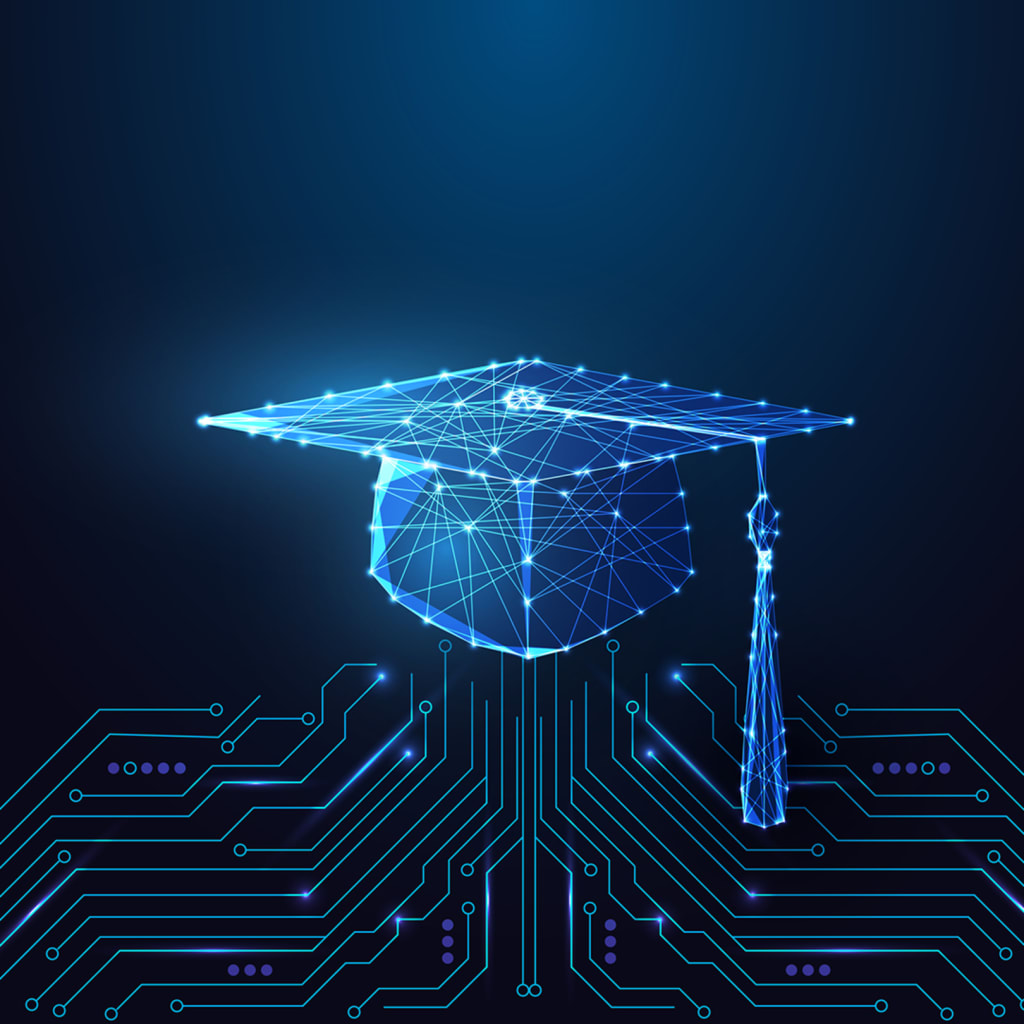A glowing polygonal graduation cap connected to a circuit board on dark blue background.