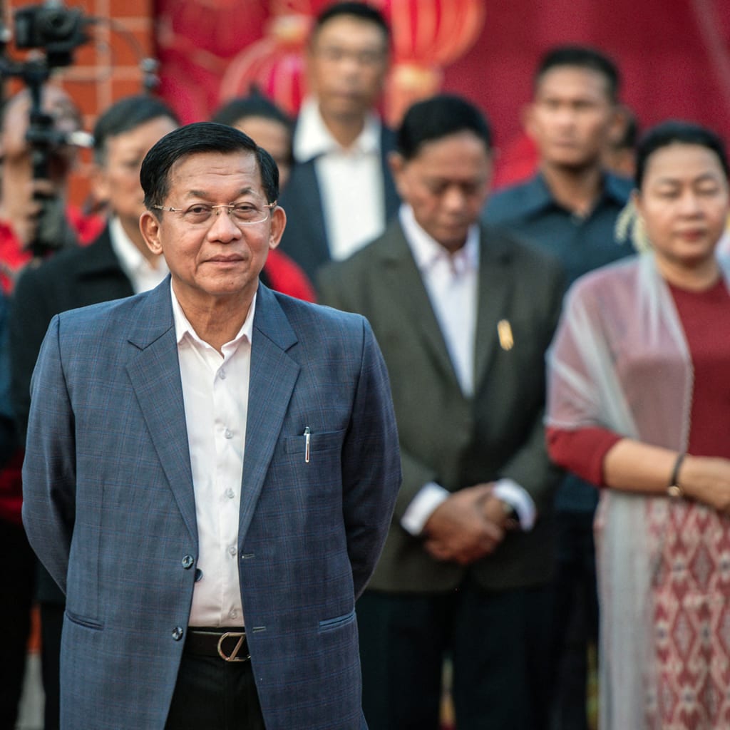 <p>Myanmar’s military chief Min Aung Hlaing (C) attends a ceremony on the eve of the Lunar New Year in Yangon on January 25, 2025.</p>
