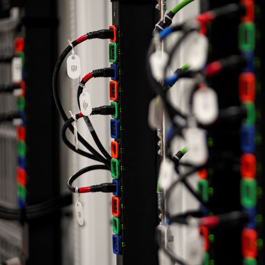Close-up of black cables plugged into color-coded ports on a row of server racks inside a data center.