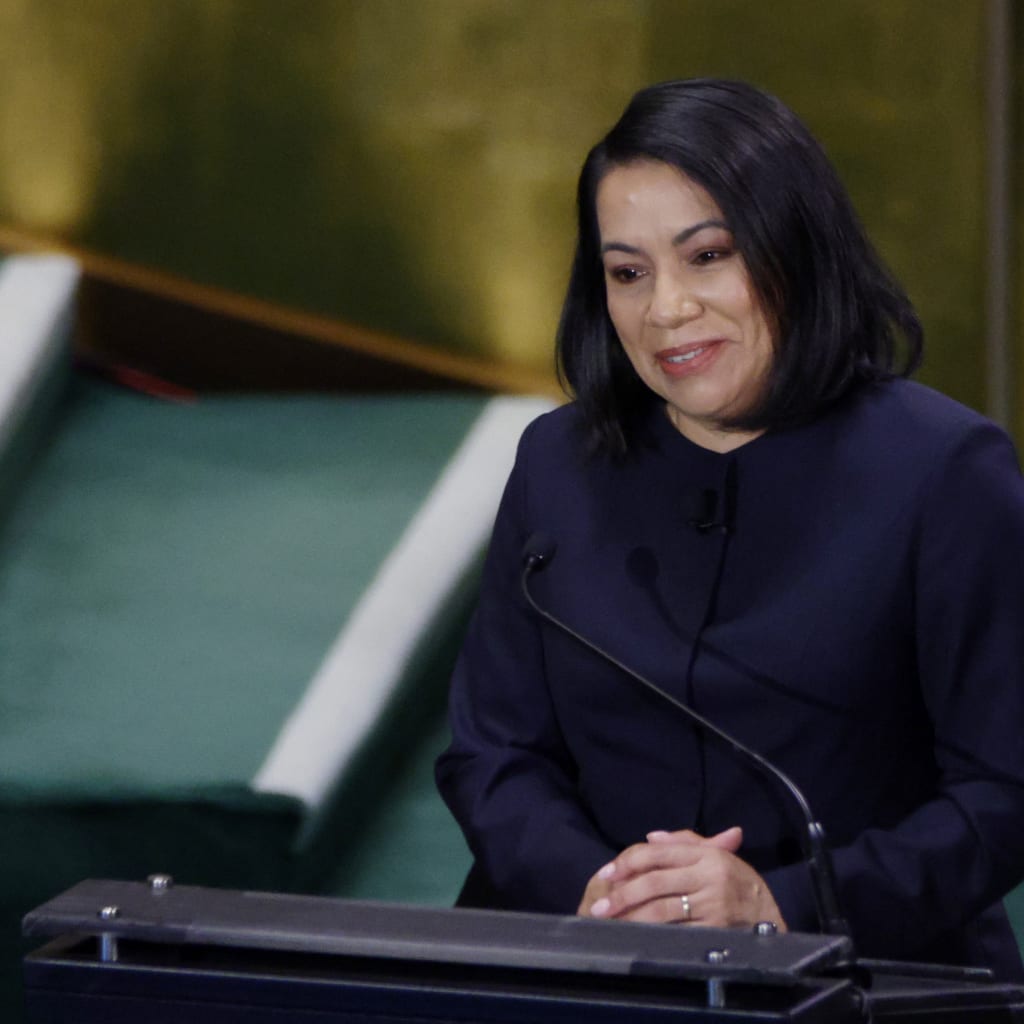 Guyana's former foreign minister and candidate for the United Nations Secretary-General position Carolyn Rodrigues Birkett speaks during a debate at the UN General Assembly Hall in New York, on July 23, 2026.