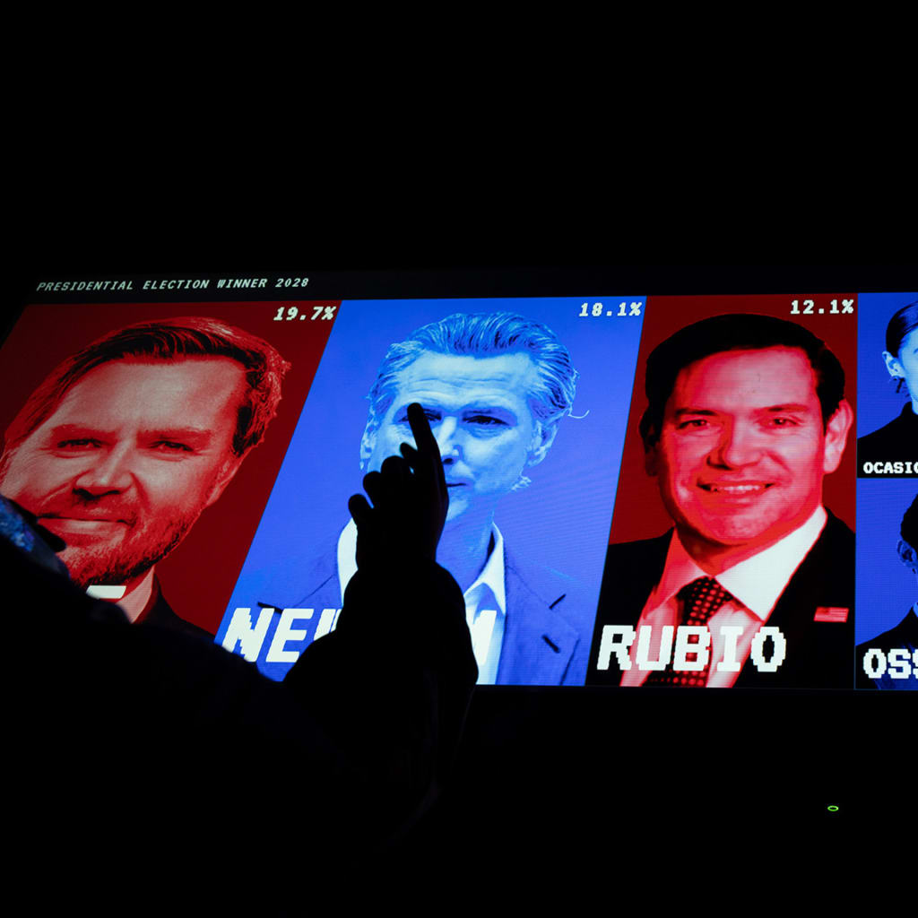 A light-up display shows 2028 presidential hopefuls and their prediction market percentages.