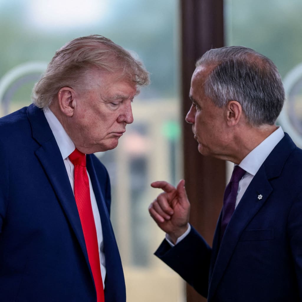 FILE PHOTO: U.S. President Donald Trump speaks with Canadian Prime Minister Mark Carney at a working lunch with leaders of G7 and the Middle East, in Evian-les-Bains, France, June 16, 2026. REUTERS/Evelyn Hockstein/Pool/File Photo